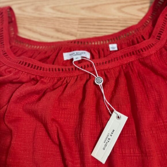 Max Studio Ruffle Sleeve Top Crocheted Neckline in Lava - Picture 4 of 7